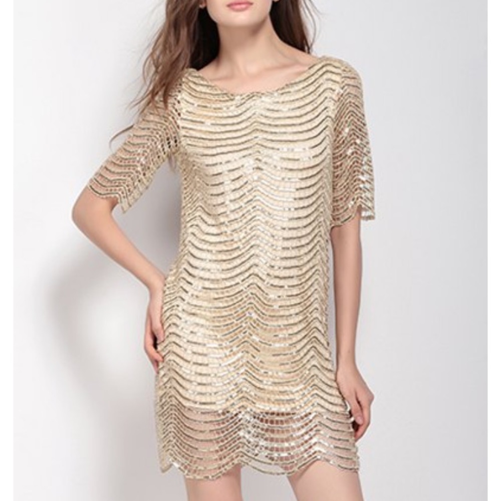 NWT Rosegal Metallic Scalloped Glitter Night Out Gold Dress size XS
